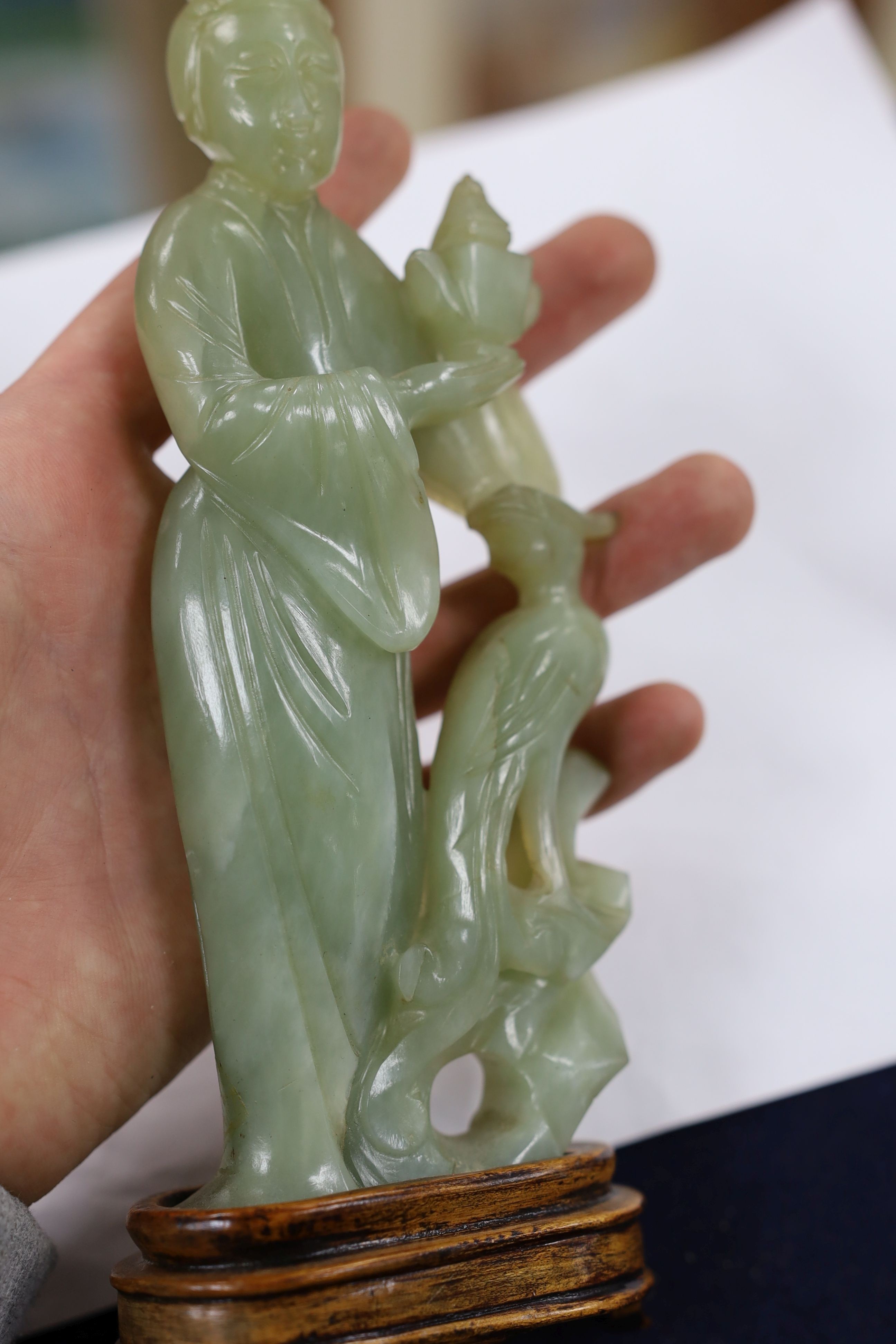 A Chinese bowenite jade figure of a lady, a Canton enamel bowl and a Jun type bud vase, tallest 20 cm high